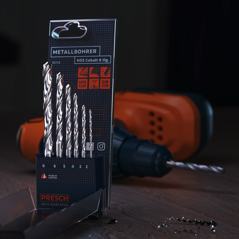 PRESCH Metallbohrer-Set aus Cobalt, 6-teilig, robuste HSS-Bohrer für Metallbearbeitung
