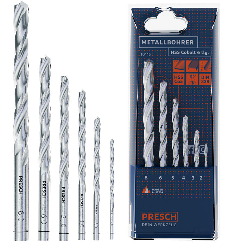PRESCH Metallbohrer-Set aus Cobalt HSS mit 6 Stück für präzises Bohren, inklusive starker Spiralbohrer in robuster Verpackung