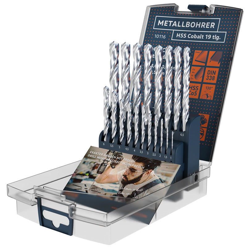 PRESCH Metallbohrer-Set aus Cobalt mit 19 Teilen in Kunststoffbox, Spiralbohrer, HSS-Bohrer