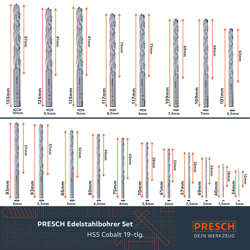 PRESCH Metallbohrer Cobalt Set 19-teilig für präzises Bohren in Metall und Edelstahl.