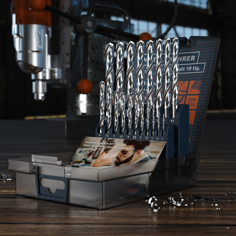 PRESCH Cobalt Metallbohrer Set 19-teilig in robuster Metallbox für präzises Bohren in Metall und Stahl