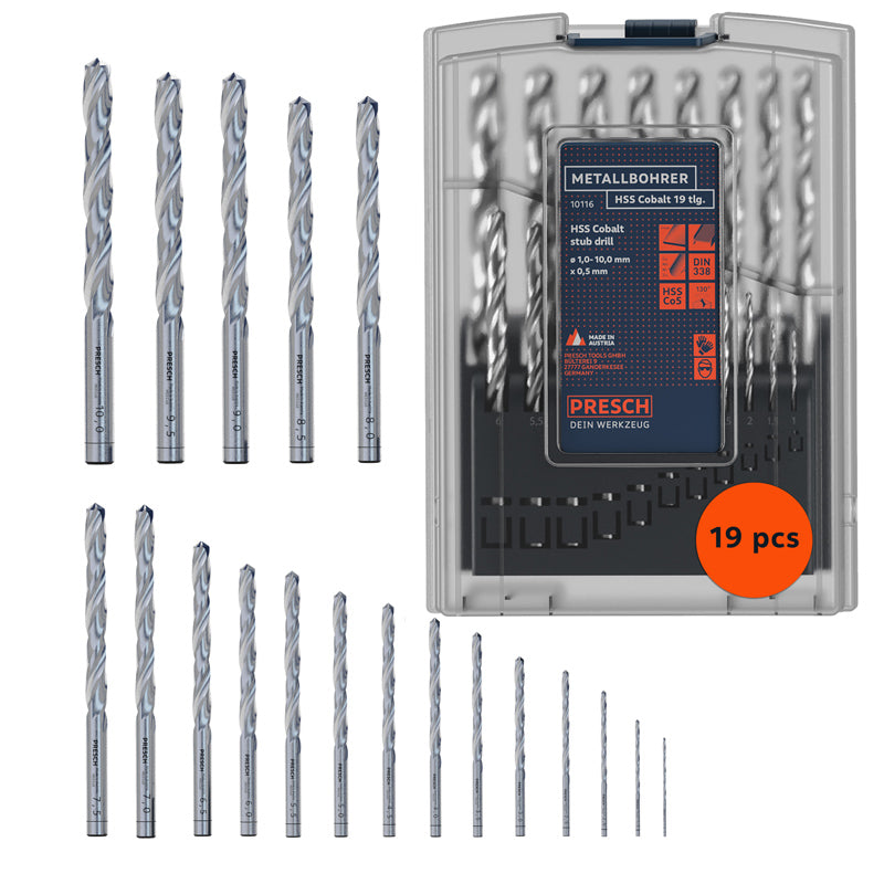 19-teiliges Presch Metallbohrer-Set aus Cobalt, einschließlich Bohrer in verschiedenen Größen in einer Kunststoffbox.
