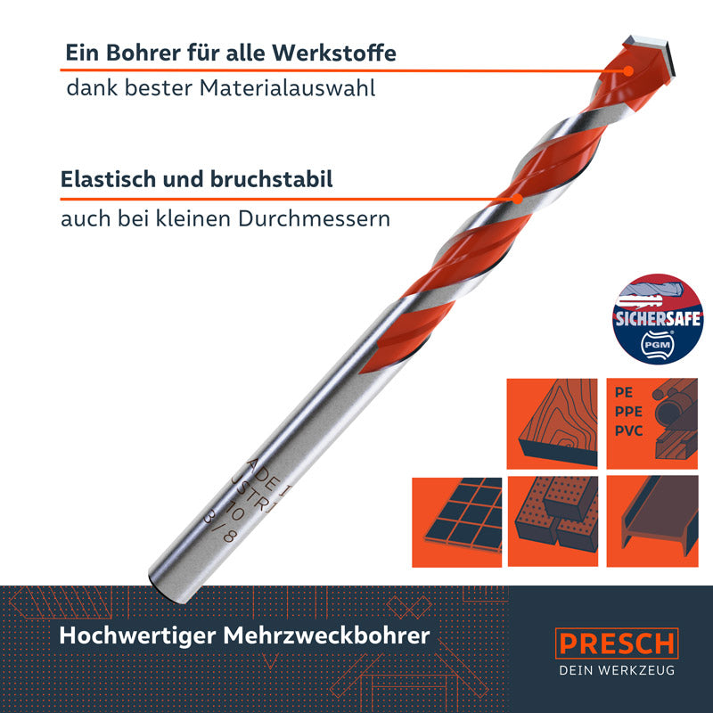 PRESCH Universalbohrer 5-teilig, vielseitige Mehrzweckbohrer für verschiedene Materialien, robust und langlebig