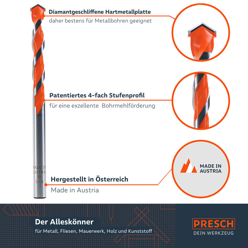 PRESCH Universalbohrer 5-teiliges Set mit diamantgeschliffener Hartmetallplatte und patentiertem Stufenprofil, hergestellt in Österreich.