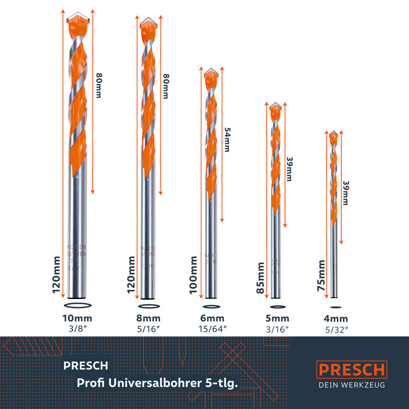 PRESCH 5-teiliger Universalbohrer-Set in verschiedenen Größen auf weißem Hintergrund, Bohrwerkzeug, Spiralbohrer.