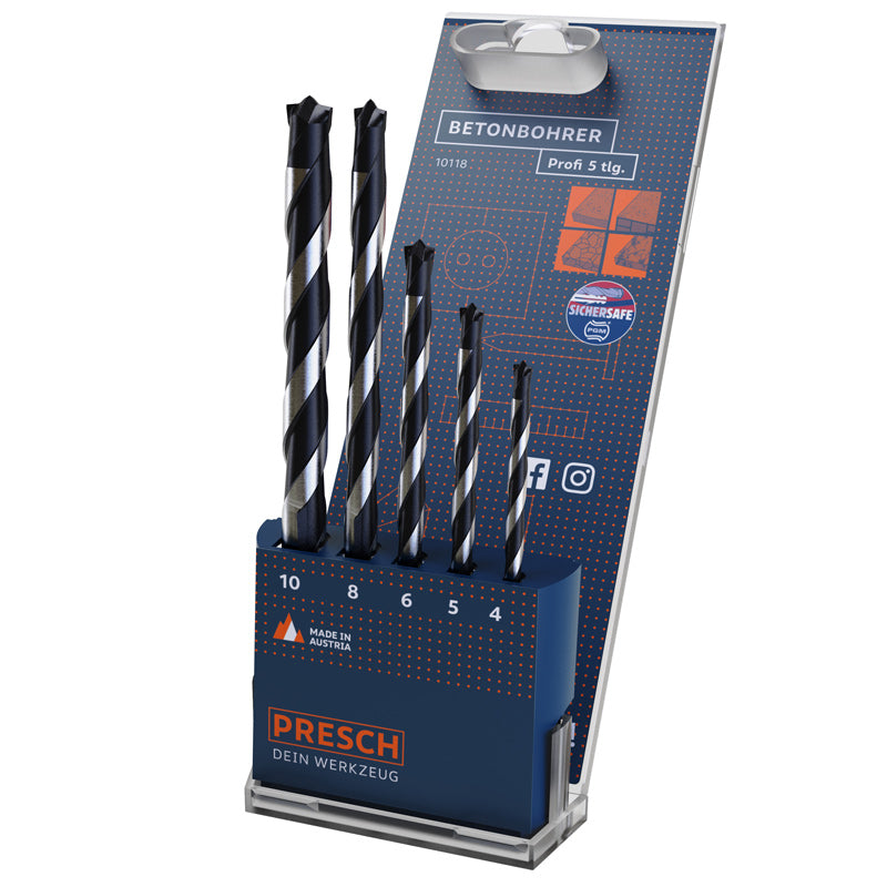 Presch Betonbohrer Pro 5-teiliges Set in Verpackung für professionelles Bohren in Beton und Stein