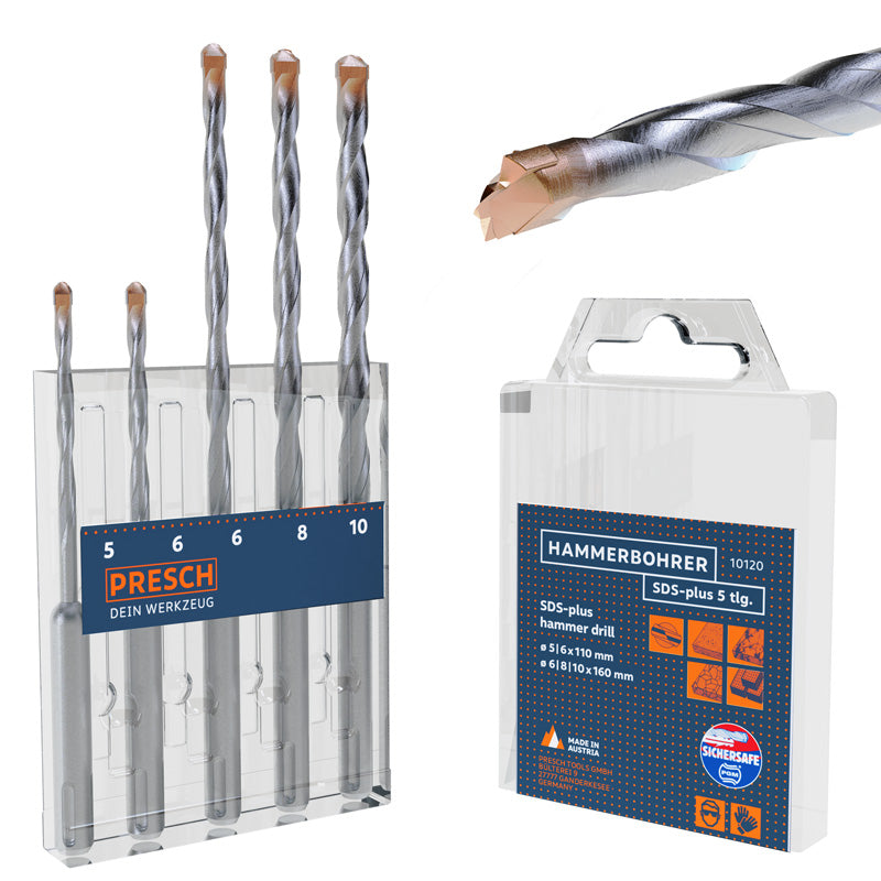 PRESCH SDS Hammerbohrer-Set mit 5 Bohrern in unterschiedlichen Größen und Verpackungsdetail.