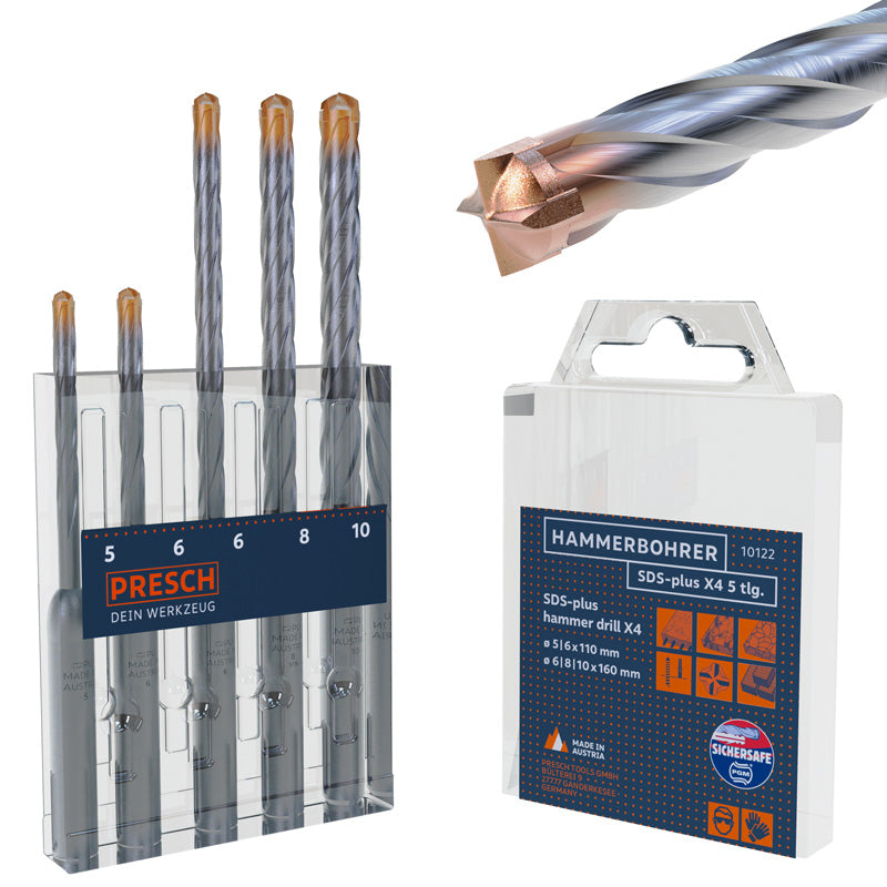 PRESCH SDS Hammerbohrer Set X4 5-teilig in Verpackung mit Schlagbohrer und Steinbohrer-Sets