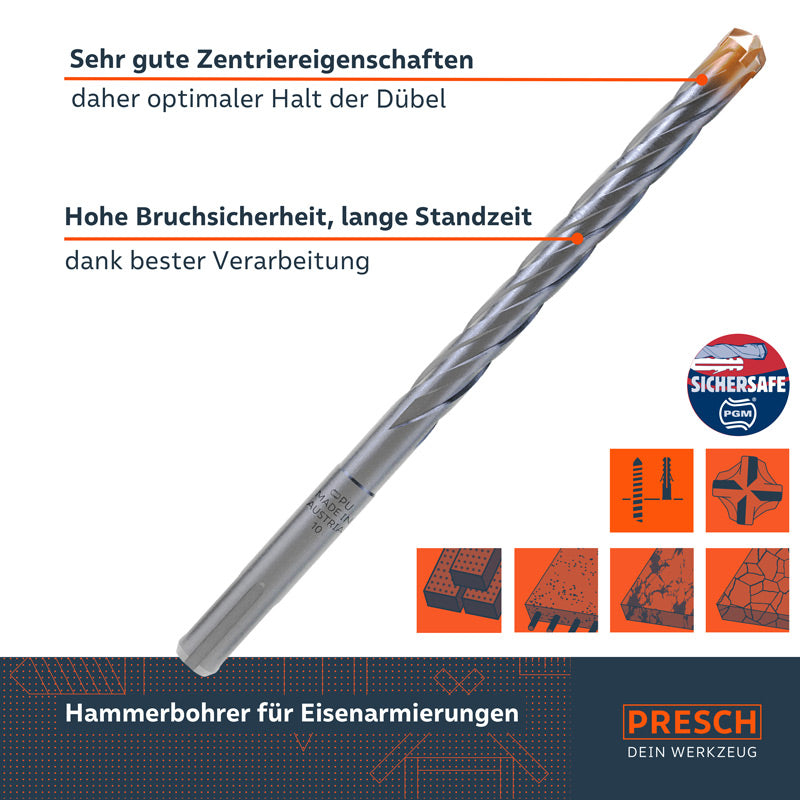 PRESCH SDS Hammerbohrer Set mit 5 Teilen für präzises Bohren und hohe Bruchsicherheit in Beton und Mauerwerk