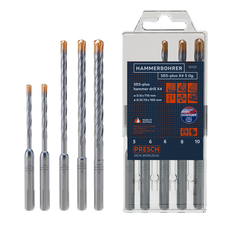 PRESCH SDS Hammerbohrer Set X4, 5-teilig, mit robusten Betonbohrern und Steinbohrern in Verpackung