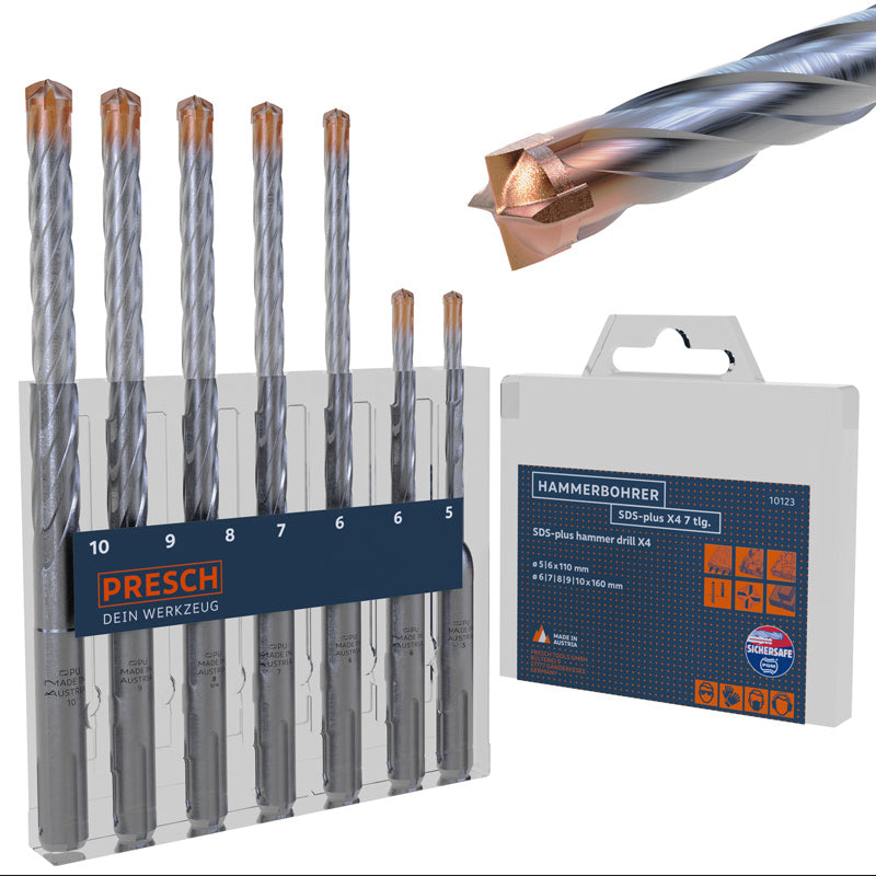 7-teiliges PRESCH SDS Hammerbohrer Set X4 für Beton und Mauerwerk in einer Kunststoffbox