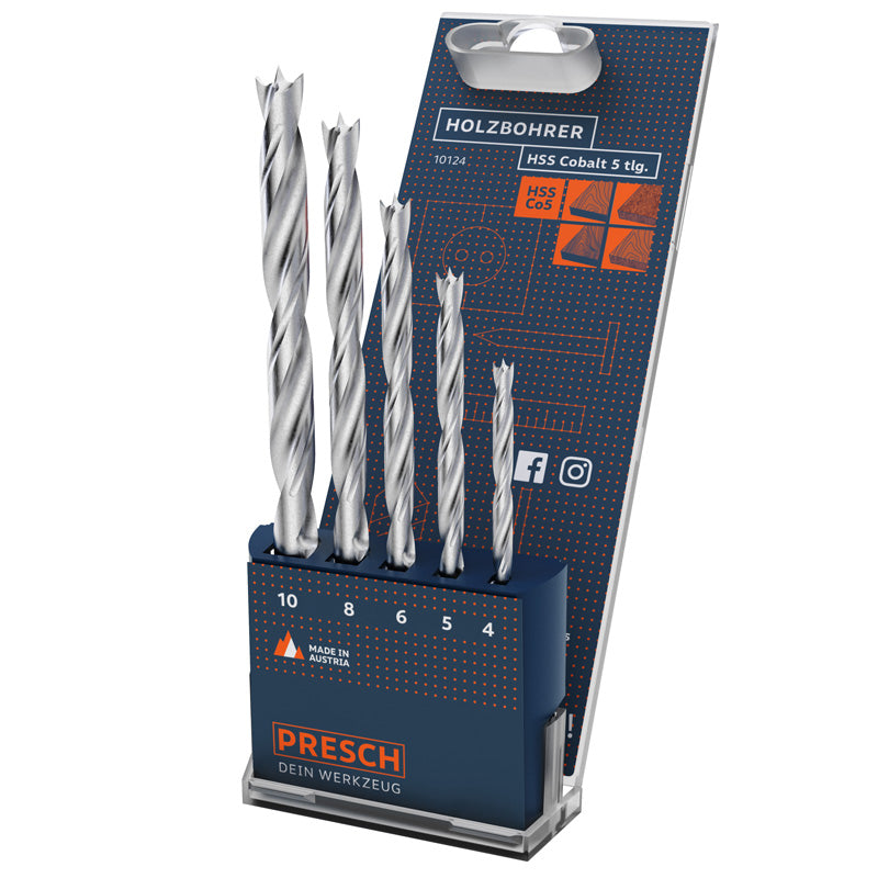 PRESCH HSS Kobalt Houtboor Set 5-delig, hoogwaardige houtboren met kobaltlegering, voor nauwkeurige en duurzame boorwerkzaamheden in hout.