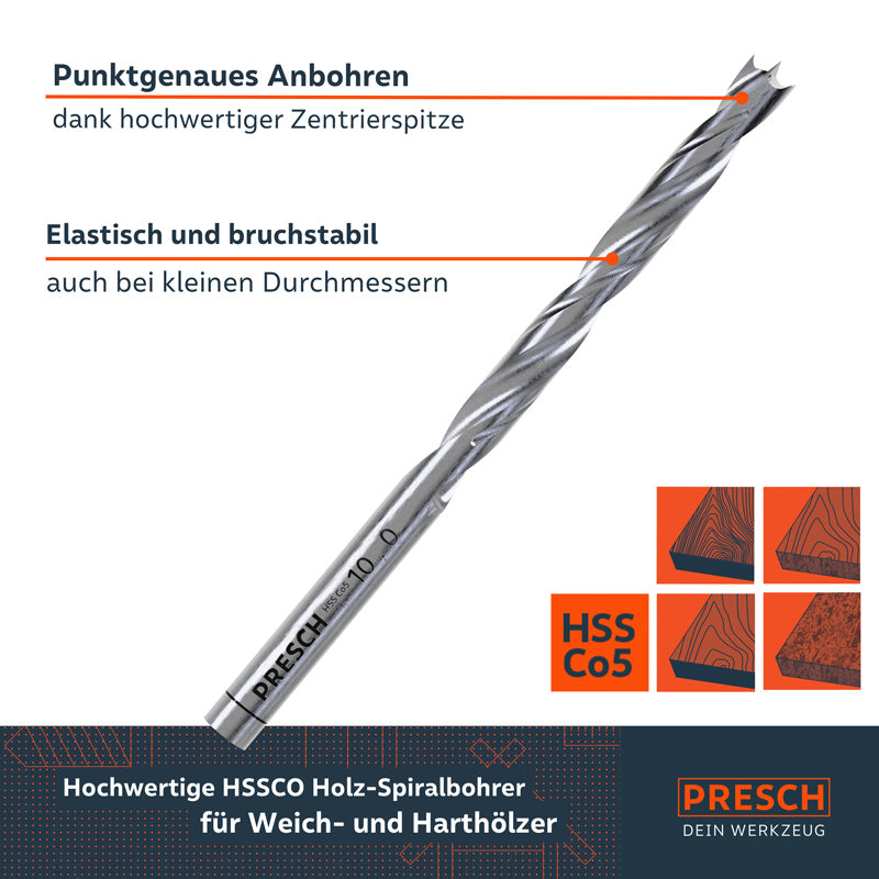 PRESCH Kobalt Houtboor Set, 5-delig, voor nauwkeurig boren in zacht en hard hout