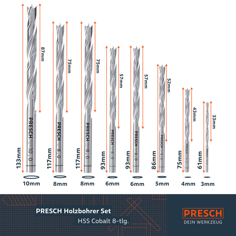 PRESCH HSS Kobalt Houtboor Set 8-delig voor nauwkeurig boren in hout en houtmaterialen