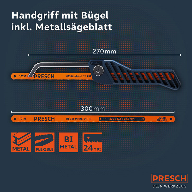 Mini-scie à métaux de PRESCH avec poignée et lame de scie interchangeable pour des travaux de précision sur métal.