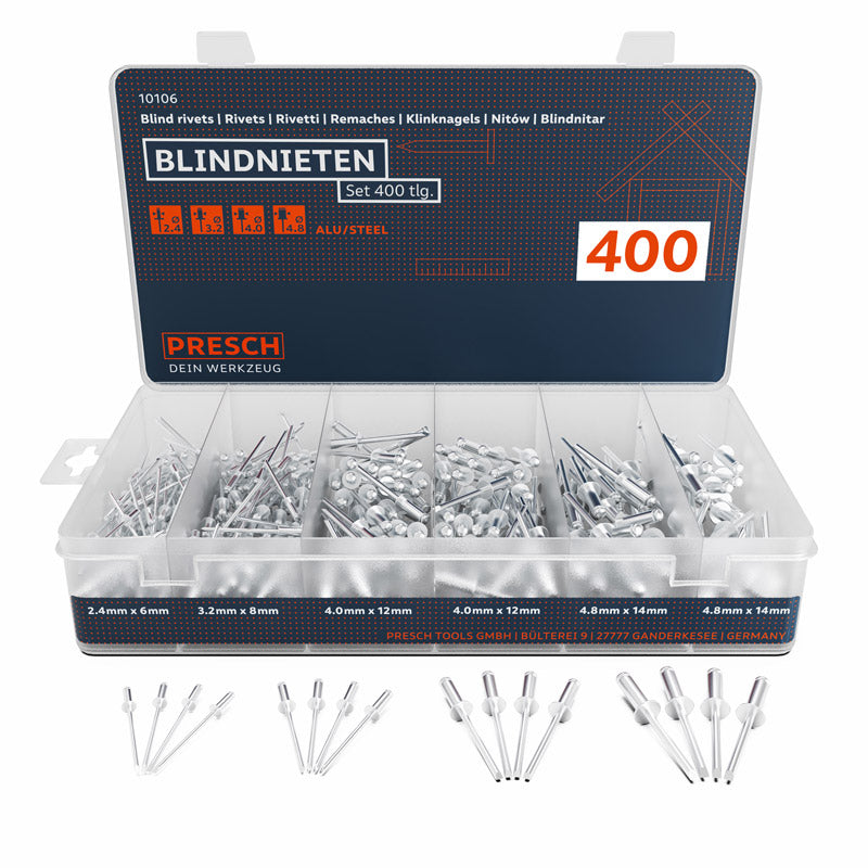 Set de rivets aveugles PRESCH avec différentes tailles de rivets dans une boîte de rangement organisée.