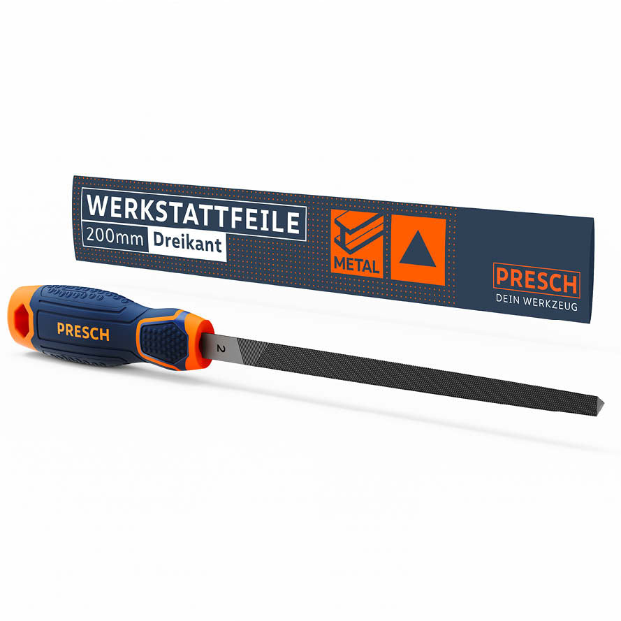 PRESCH Dreikantfeile mit ergonomischem Handgriff und Verpackung, Metallfeile für Werkstattarbeiten.