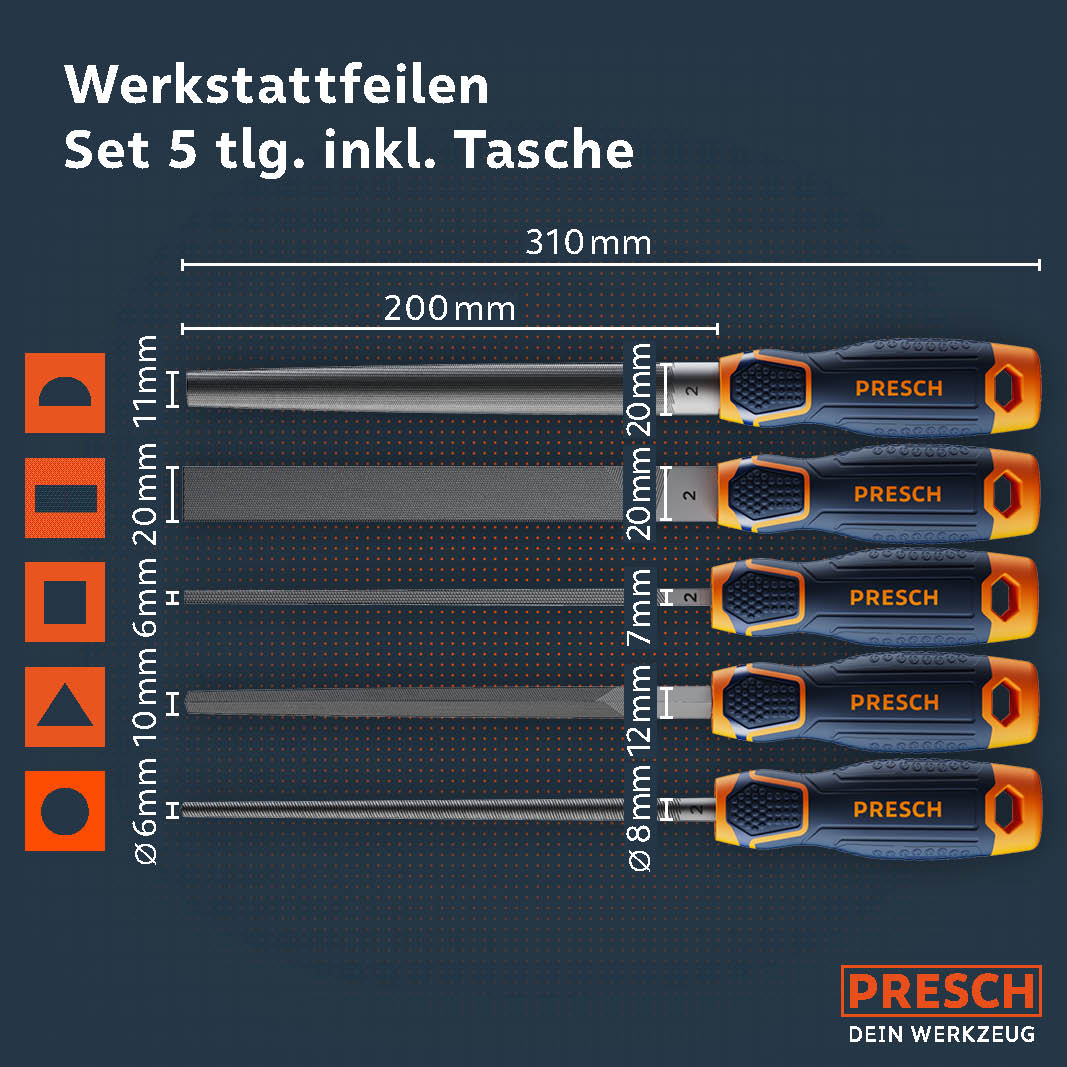 Presch Feilenset mit 5 Werkstattfeilen und Tragetasche, verschiedene Größen und Profile für die Metallbearbeitung.