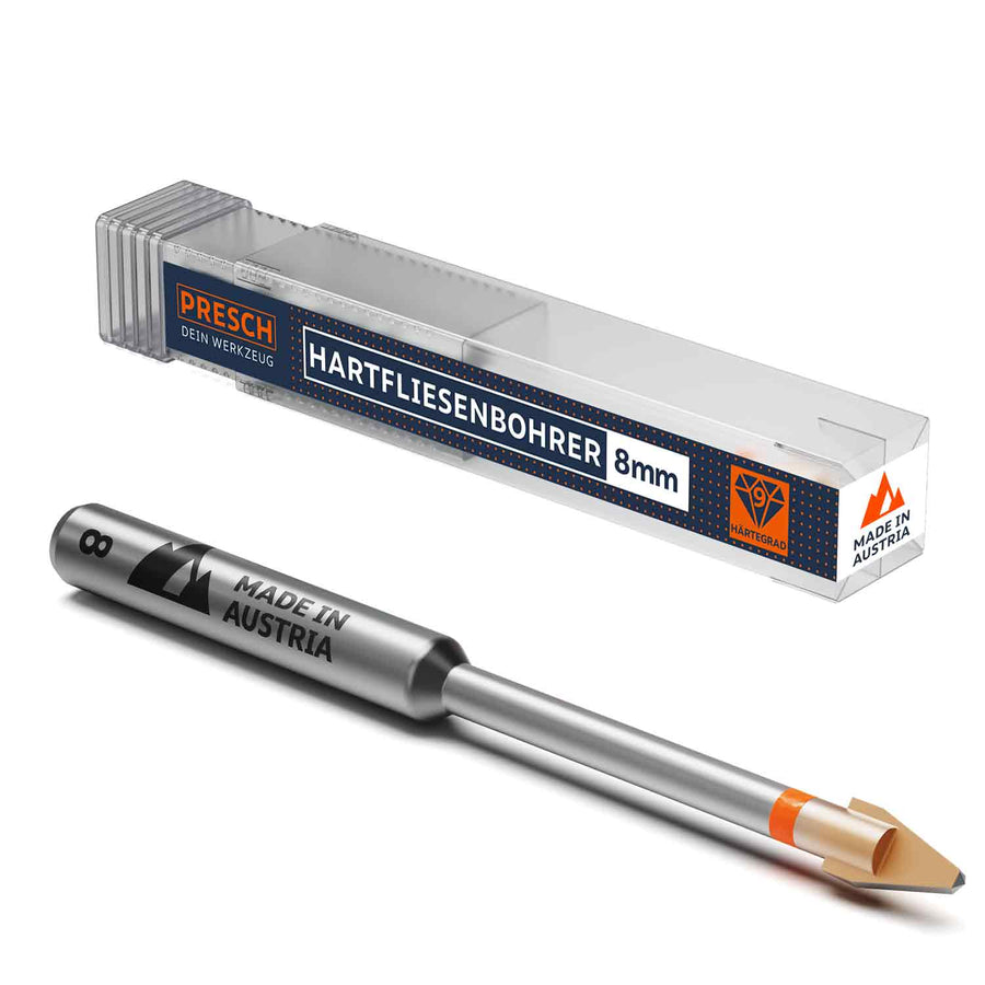 PRESCH Fliesenbohrer für Feinsteinzeug 8mm, Keramikbohrer mit robuster Spitze und Verpackung.