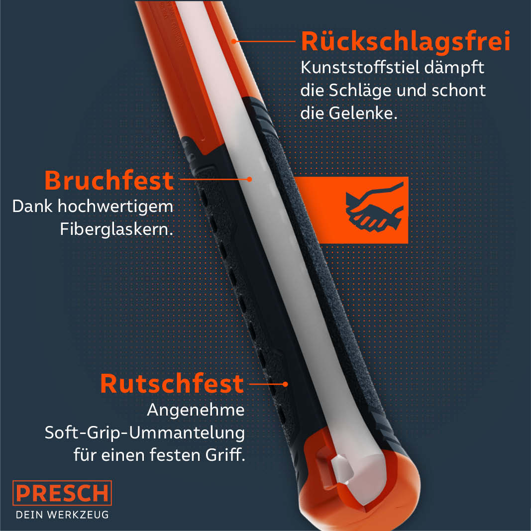 PRESCH Gummihammer mit Fiberglasstiel, bruchfest und rutschfest, Schonhammer für präzises Arbeiten