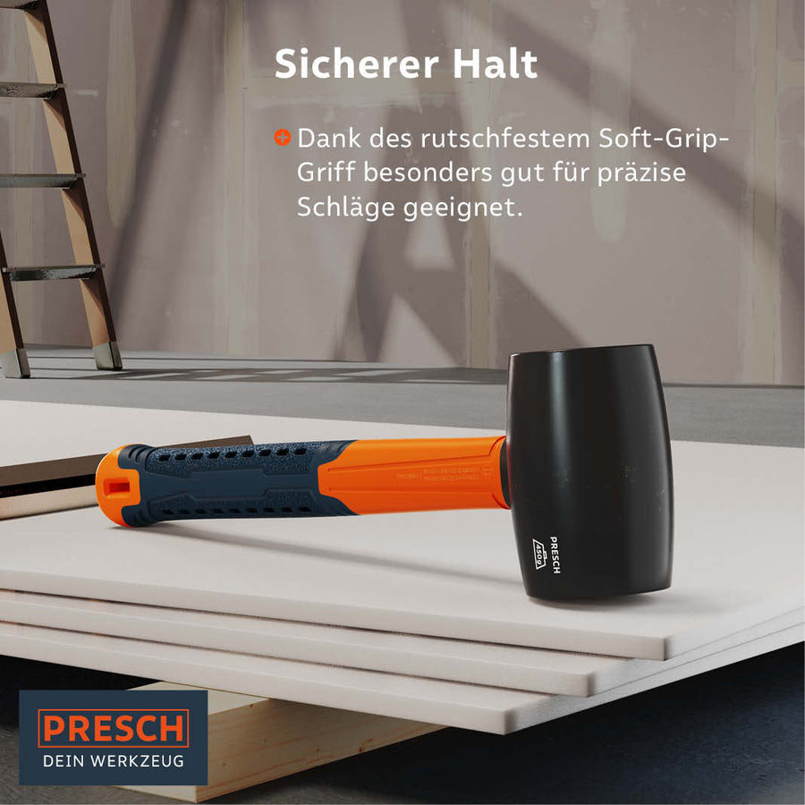 Maillet en caoutchouc PRESCH avec manche orange, maillet léger pour un travail des matériaux en douceur sans endommager les surfaces