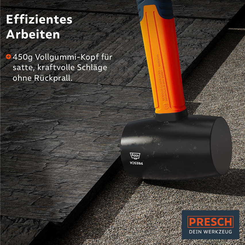 PRESCH Gummihammer für Pflasterarbeiten mit robustem Vollgummi-Kopf und ergonomischem Griff.