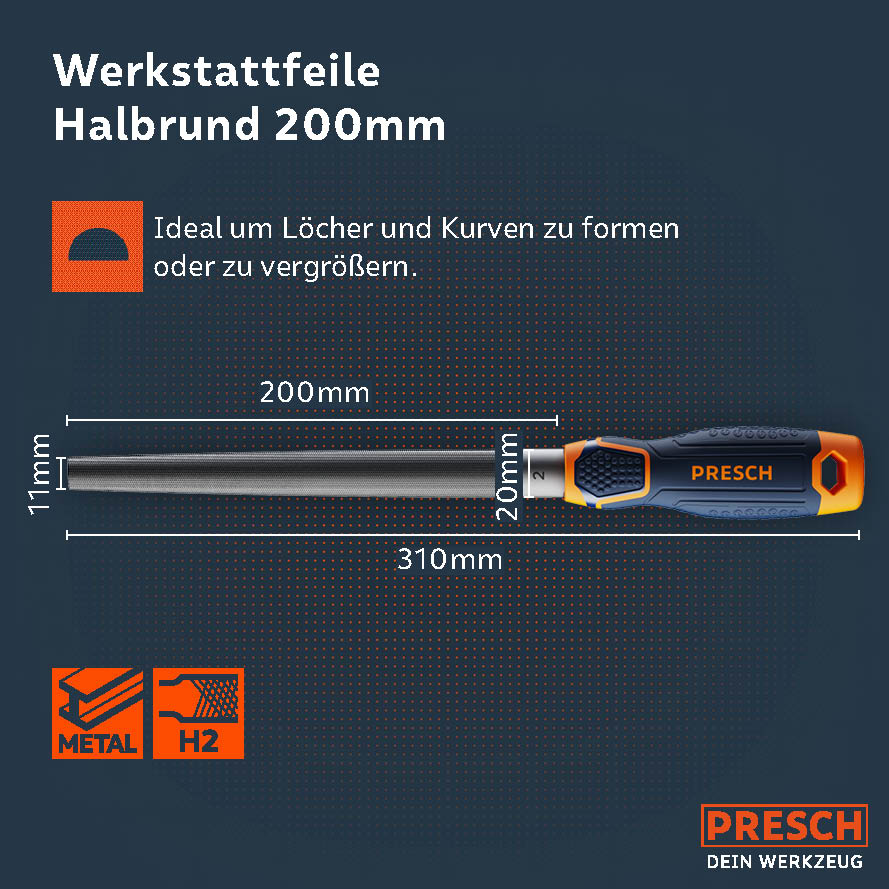Halfronde vijl van PRESCH, 200 mm werkplaatsvijl voor metaalbewerking, rasp in detailweergave