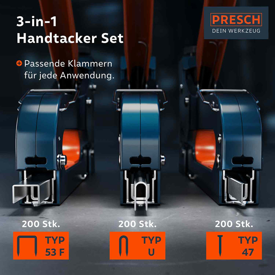 PRESCH 3-in-1 nietpistoolset met verschillende nietsoorten voor doe-het-zelfwerkzaamheden en bevestigingstaken.