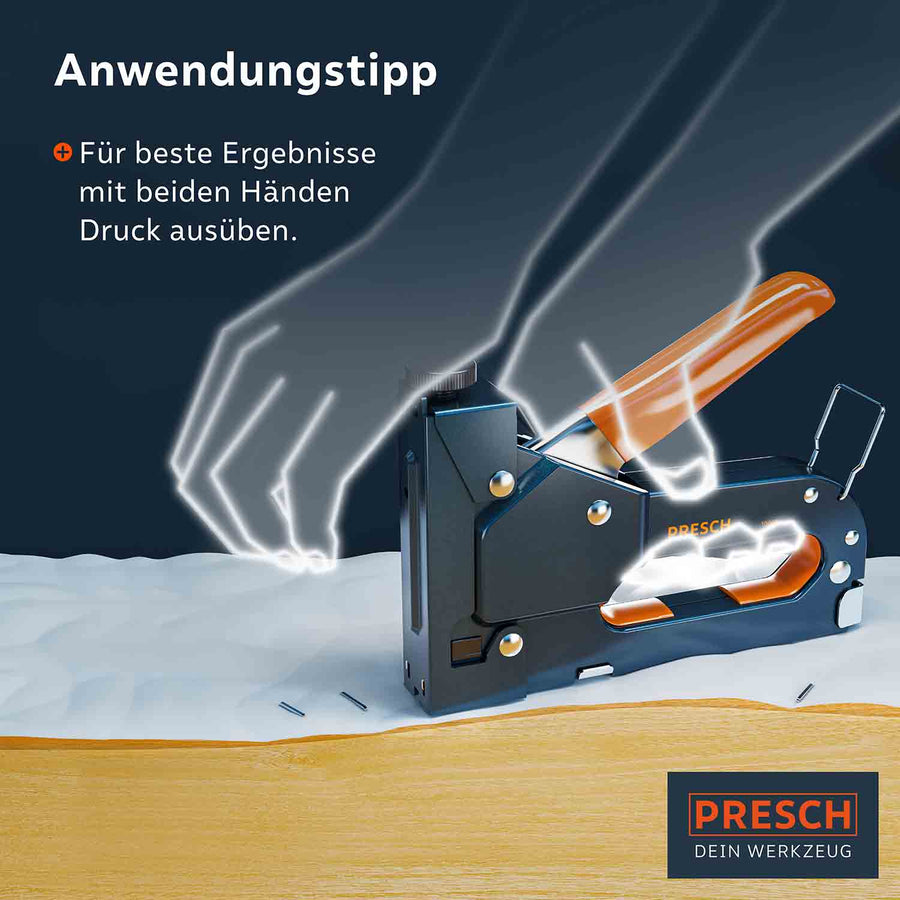 PRESCH Handtacker nietjes nietgereedschap met blauw-oranje design op houten ondergrond