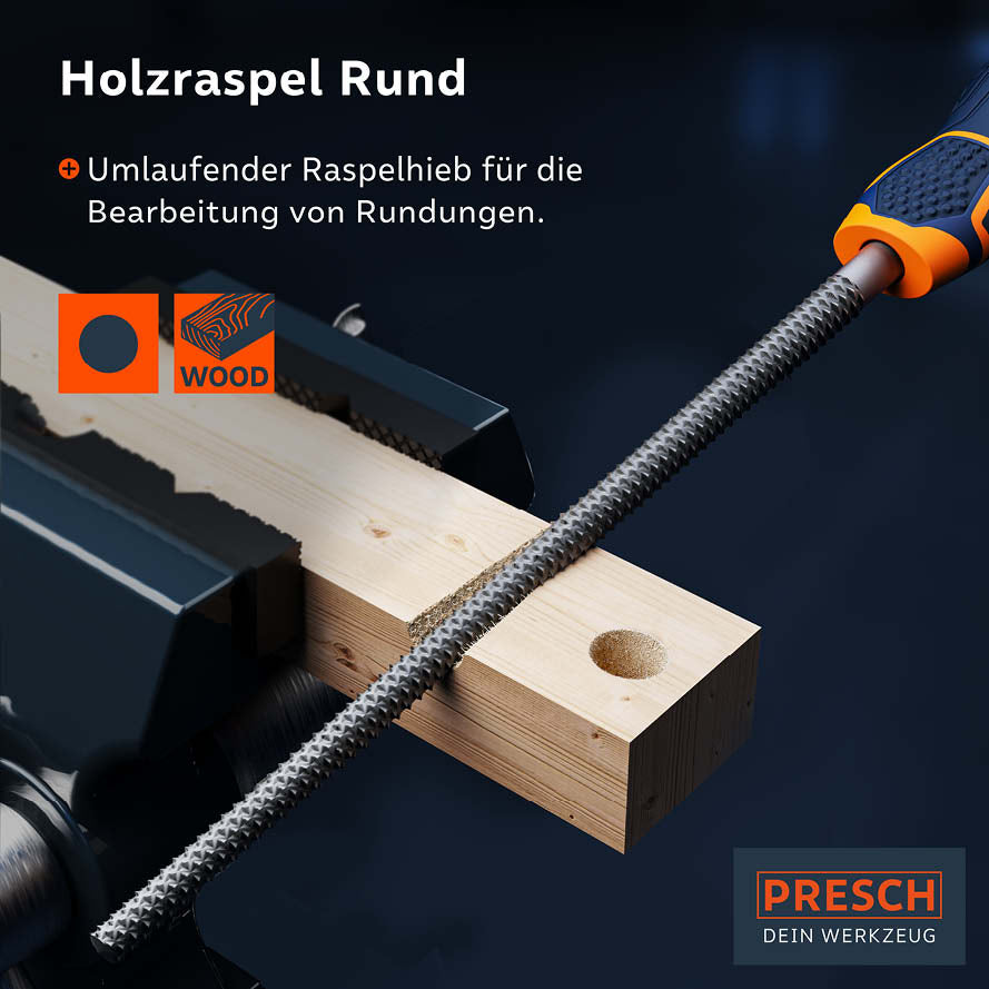 Holzraspel rund von PRESCH für feine Holzbearbeitung und Formgebung, inklusive Feilen und Glätten von runden Aussparungen.