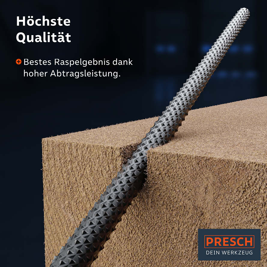Holzraspel rund von PRESCH auf Holzbrett, Feile mit hoher Effizienz und Profi Feilenwerkzeug zur Holzbearbeitung
