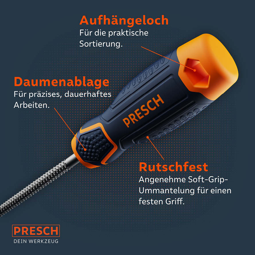Runde Holzraspel von PRESCH mit ergonomischem Griff und Aufhängeloch für Holzbearbeitung und Feilarbeiten.