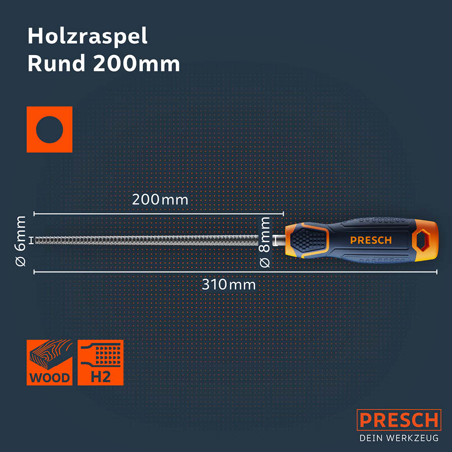 PRESCH Holzraspel rund 200mm, Feile für Holzbearbeitung, hochwertiges Schreinerwerkzeug
