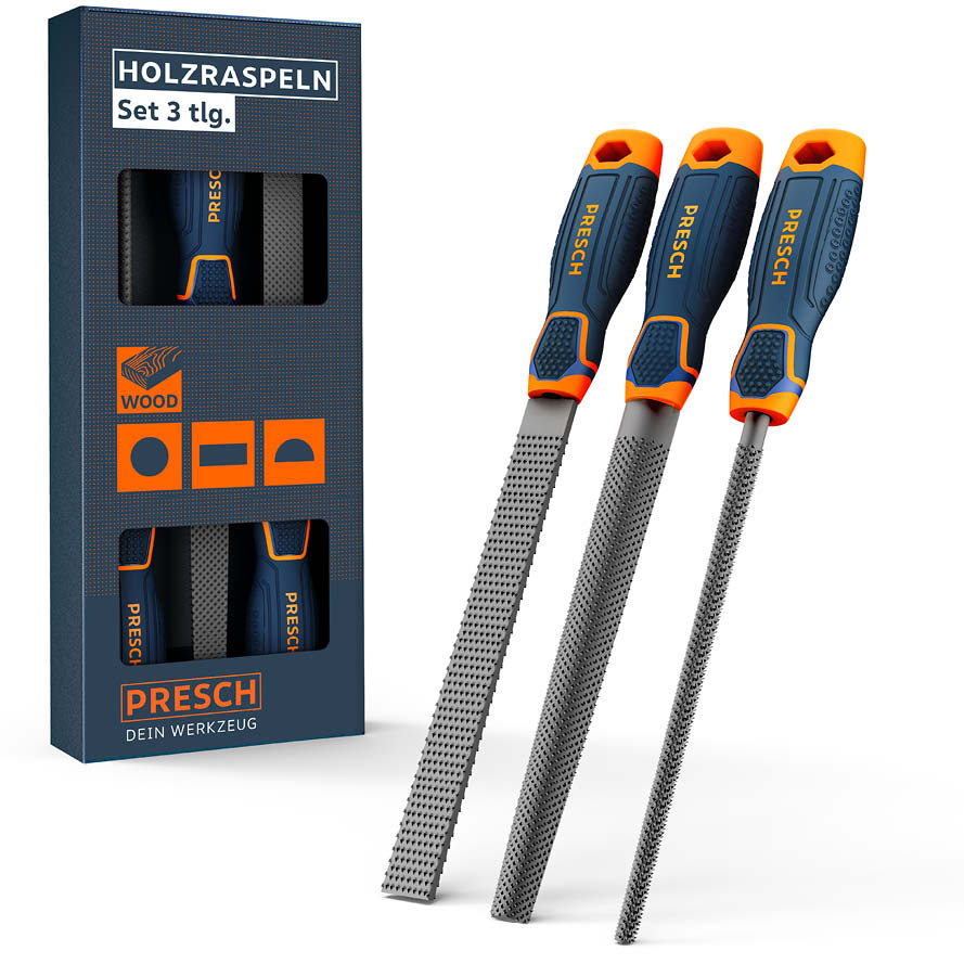 Holzraspel Set von PRESCH mit drei verschiedenen Feilen zur Holzbearbeitung.