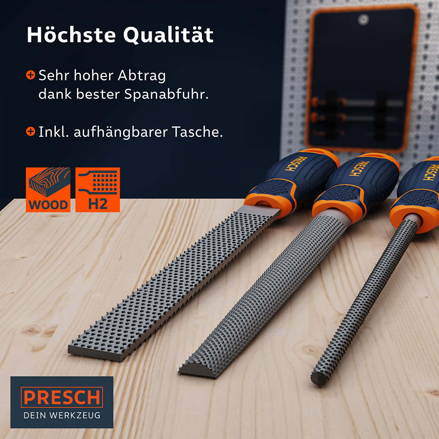 PRESCH Holzraspel Set mit hoher Spanabfuhr und ergonomischen Griffen, inklusive aufhängbarer Tasche für Tischler und Holzbearbeitung.