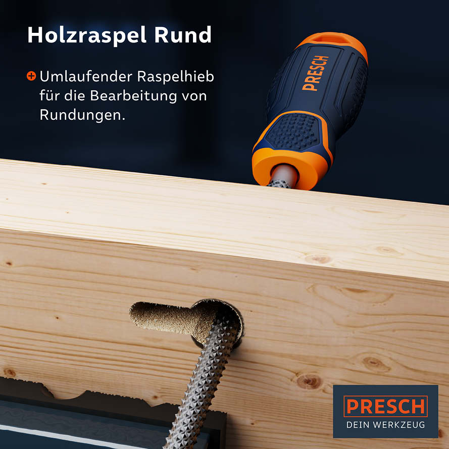PRESCH Holzraspel Set mit runder Form für Feinarbeiten an Holzoberflächen und Rundungen.
