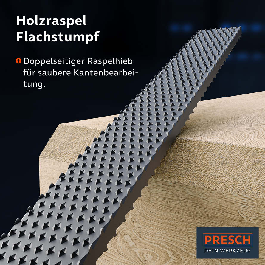 Holzraspel-Set von Presch für Holzbearbeitung mit Feile und Raspel auf Holzstamm.