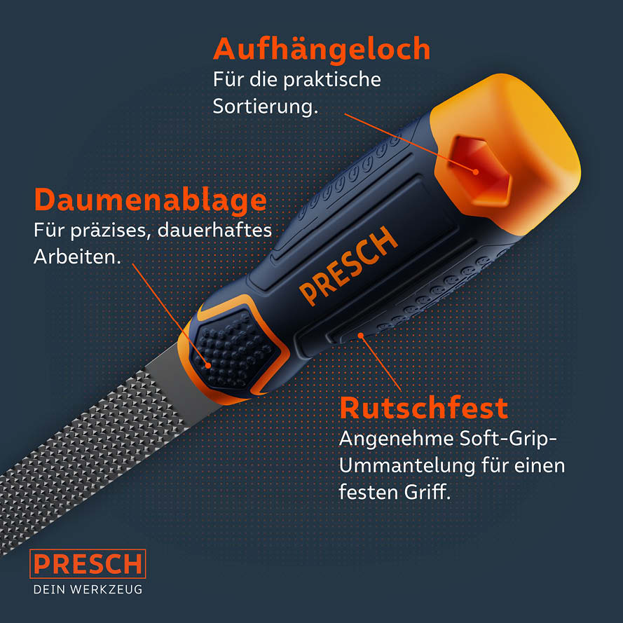PRESCH Holzraspel Set mit ergonomischem Griff, Daumenablage und rutschfester Oberfläche für Handwerksarbeiten.