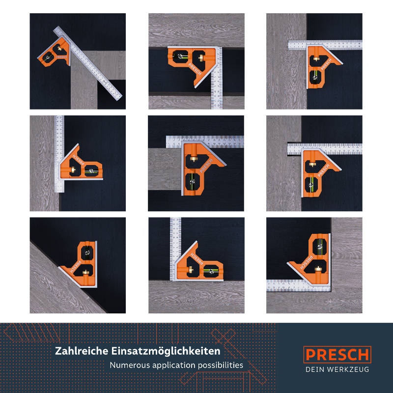 PRESCH Ensemble d'angles combinés pour divers scénarios d'application, permettant la mesure et le marquage avec la cale et la règle.