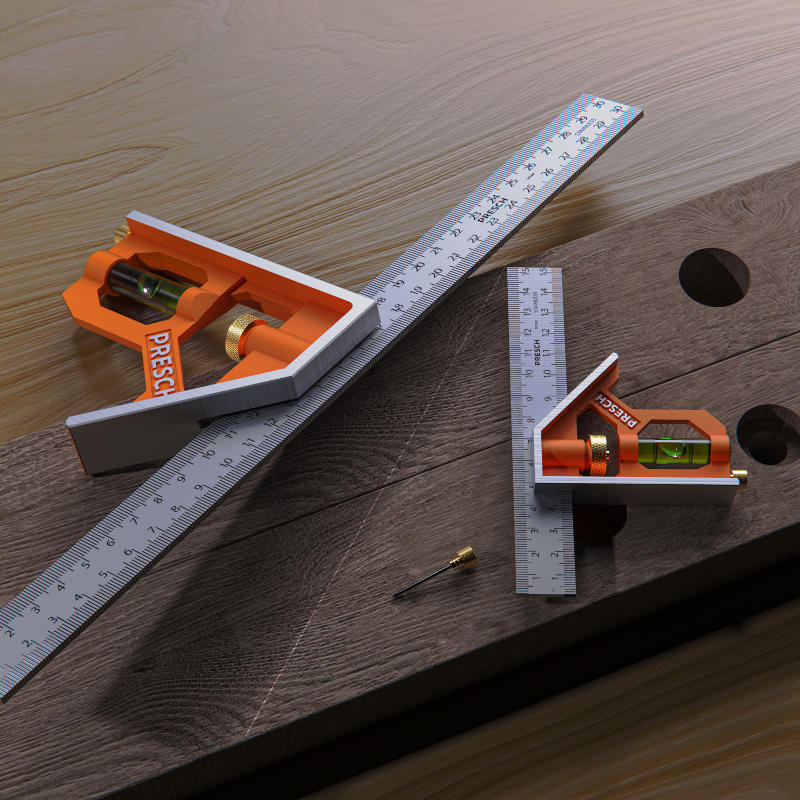 Ensemble d'équerres combinées PRESCH sur support bois avec outil de mesure et outil de traçage.