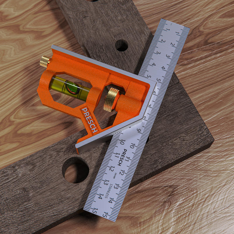 Équerre de combinaison PRESCH 150 mm sur support bois avec échelle graduée et niveau à bulle