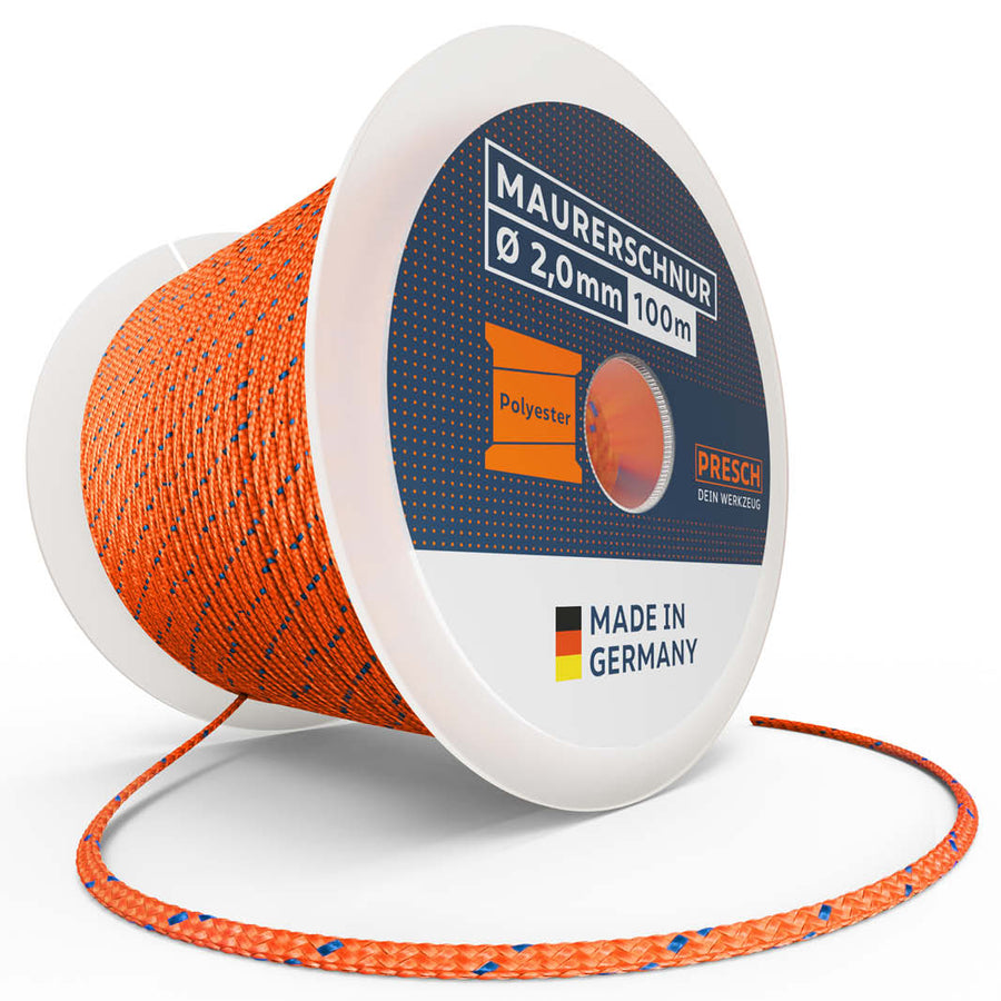 PRESCH Corde de maçonnerie pour travaux de construction avec haute résistance à la traction et élasticité, fabriquée en polyester, diamètre 2,0 mm et longueur 100 m, qualité Made in Germany