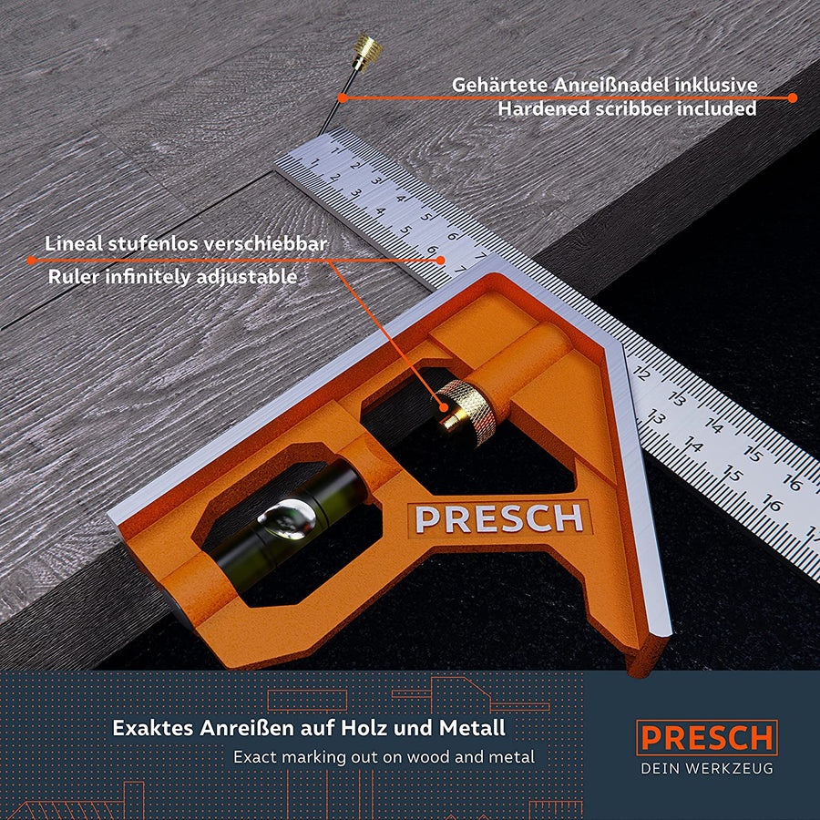Équerre de combinaison PRESCH avec pointe à tracer trempée et règle réglable en continu sur surface en bois