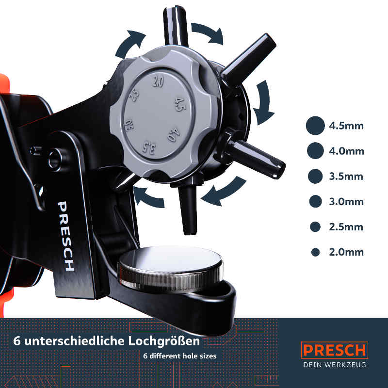 Presch Revolverlochzange mit verschiedenen Lochgrößen für präzises Arbeiten und Lochstanzer-Funktion.