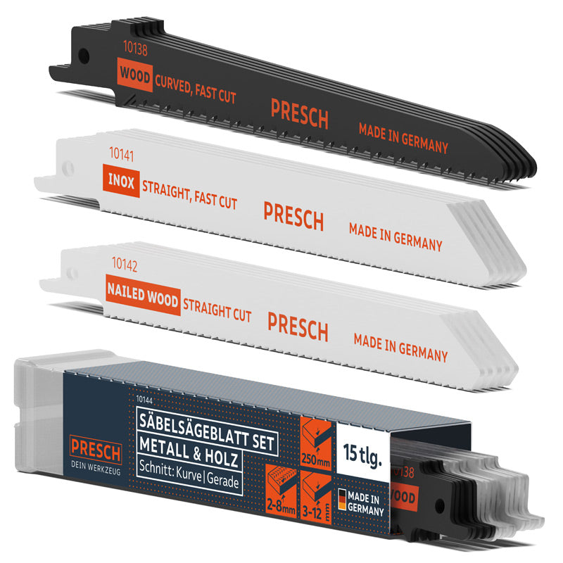 PRESCH Reciprocatingzaagbladenset voor metaal en hout, 15-delig, verschillende zaagtypes, hoogwaardige zaagaccessoires