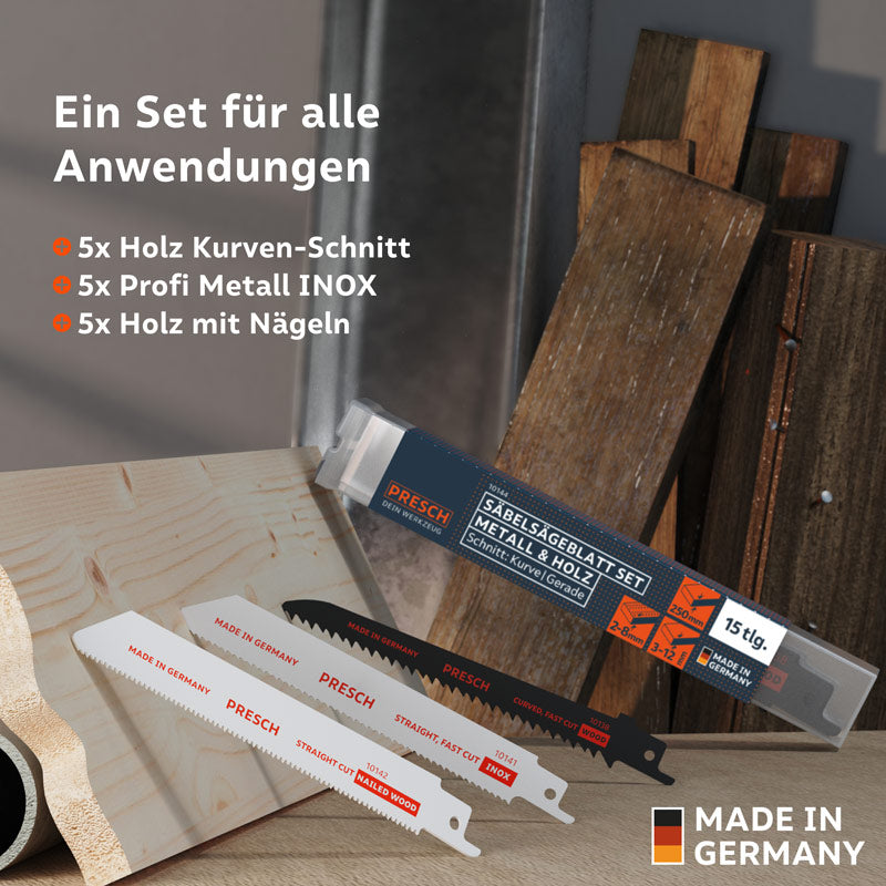 15-delige omschakelaarzaagbladenset van PRESCH voor metaal en hout, inclusief decoupeer- en rechte zaagbladen.