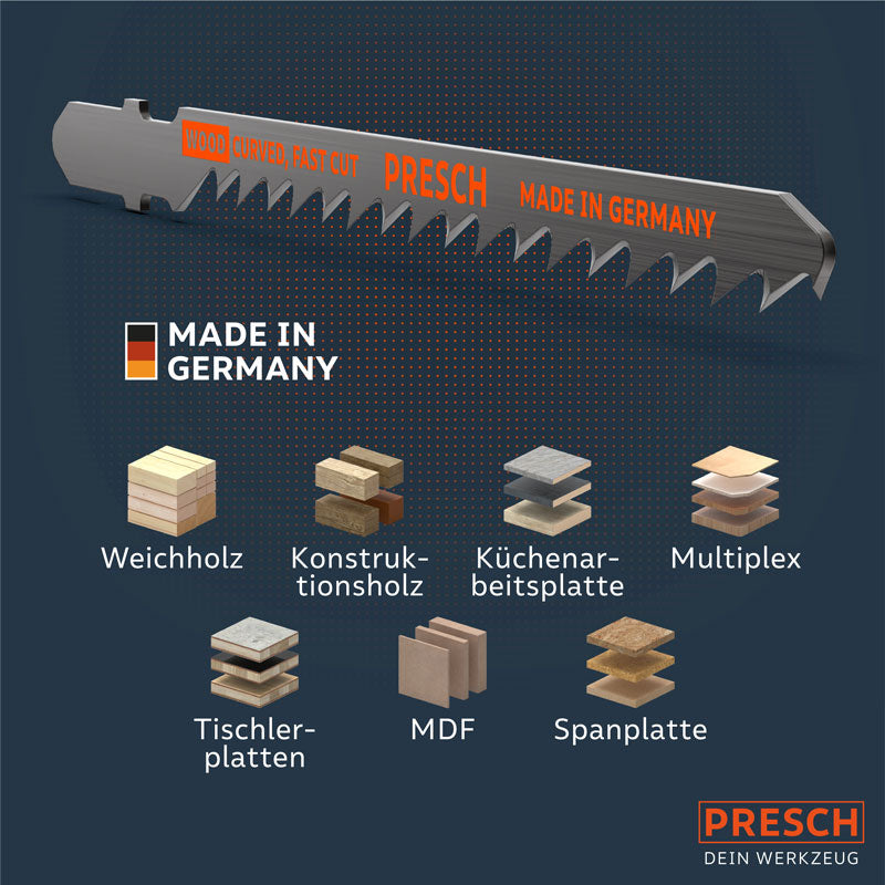PRESCH Stichsägeblätter für Holz, geeignet für Schnellarbeits-Sägearbeiten und verschiedene Holzmaterialien wie Weichholz und Multiplex.