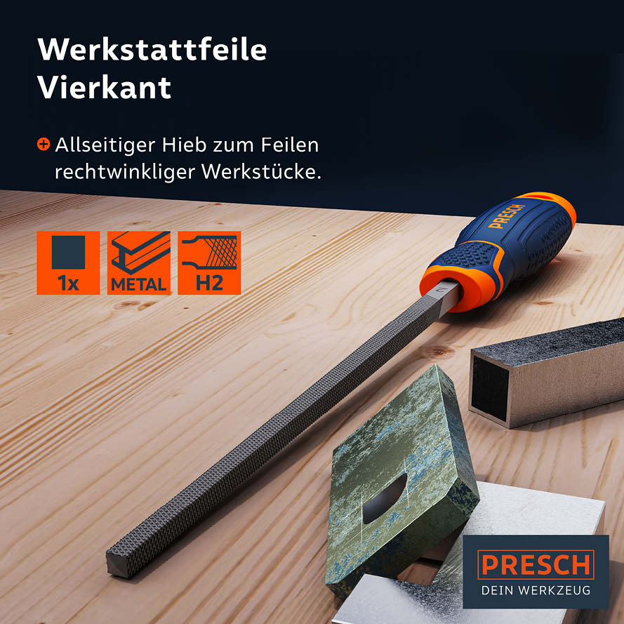 PRESCH Vierkantfeile auf Holzuntergrund mit ergonomischem Griff und Metallschleifen für präzises Bearbeiten von Werkstücken