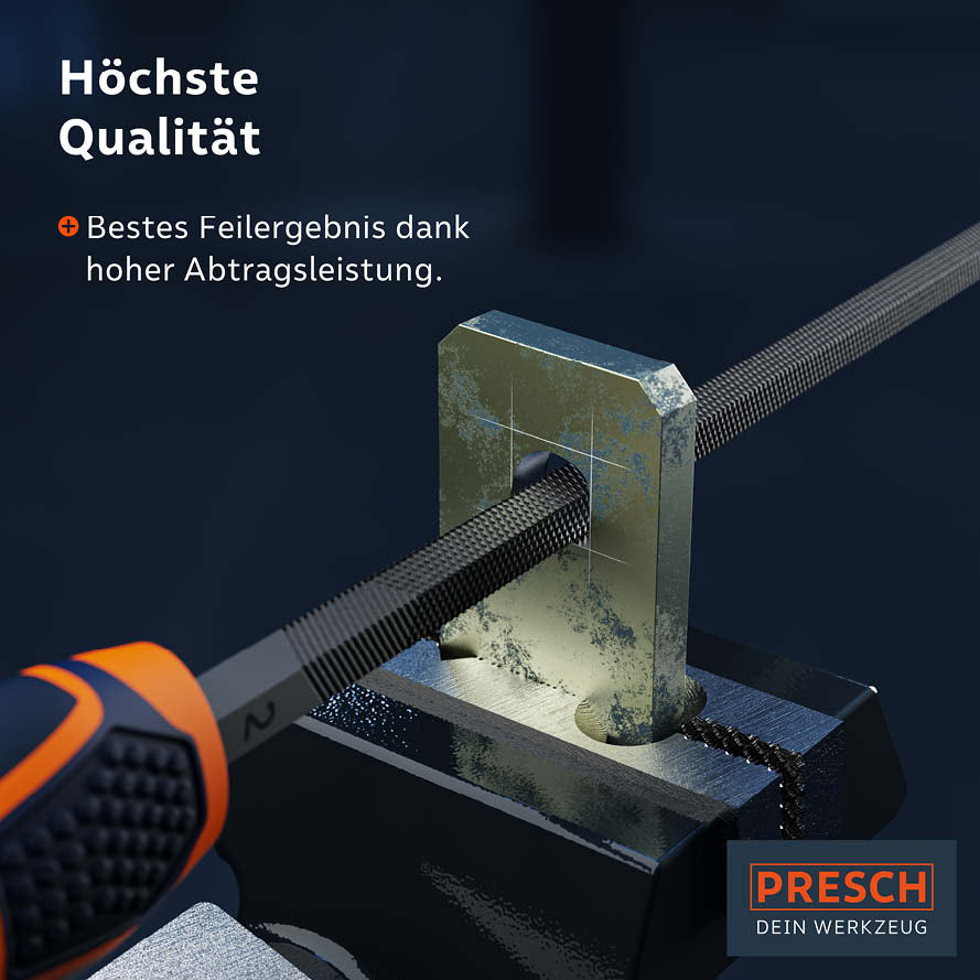 Presch Vierkantfeile mit hoher Präzision beim Feilen und Schruppen, an einem Metallstück in einem Schraubstock befestigt.