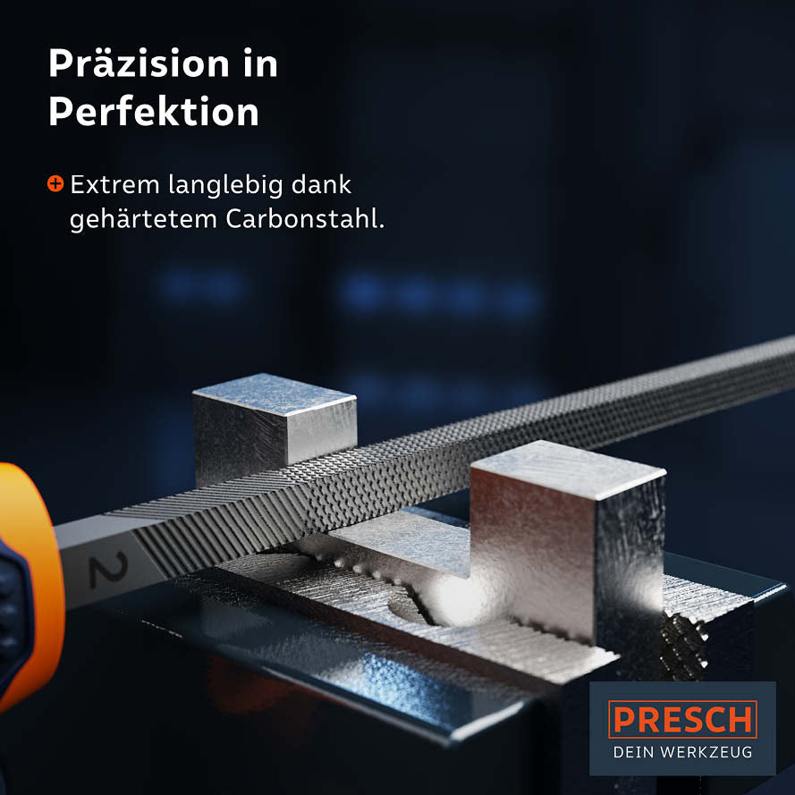 PRESCH Vierkantfeile aus gehärtetem Carbonstahl für Metallbearbeitung und Feinarbeit.